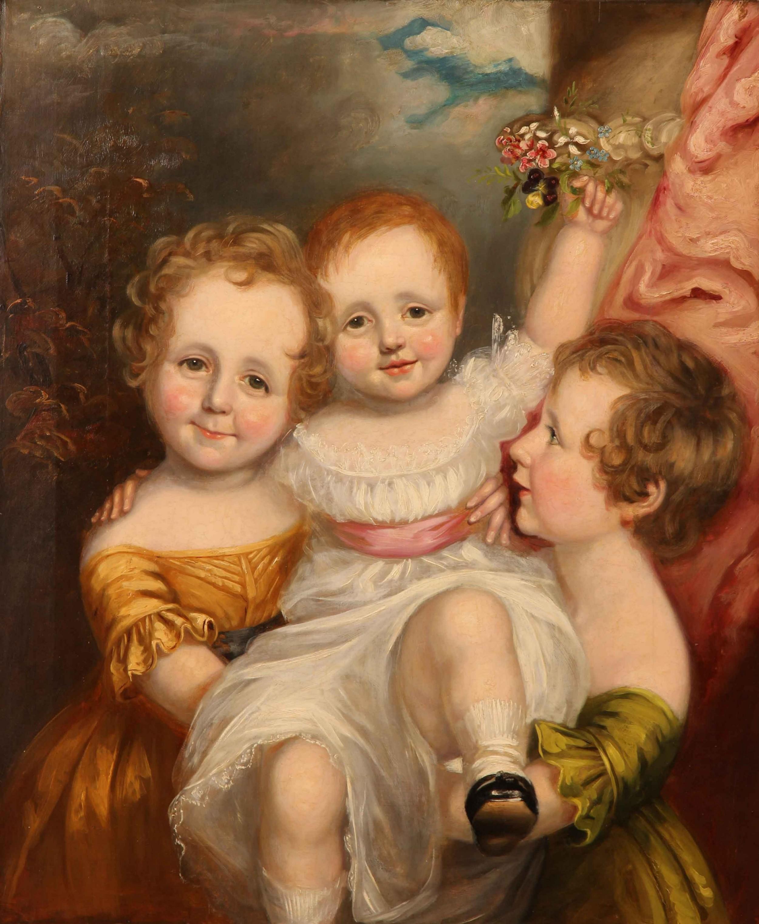 Early 19thc Oil Portrait Painting Of Three Angelic Children For Sale 1