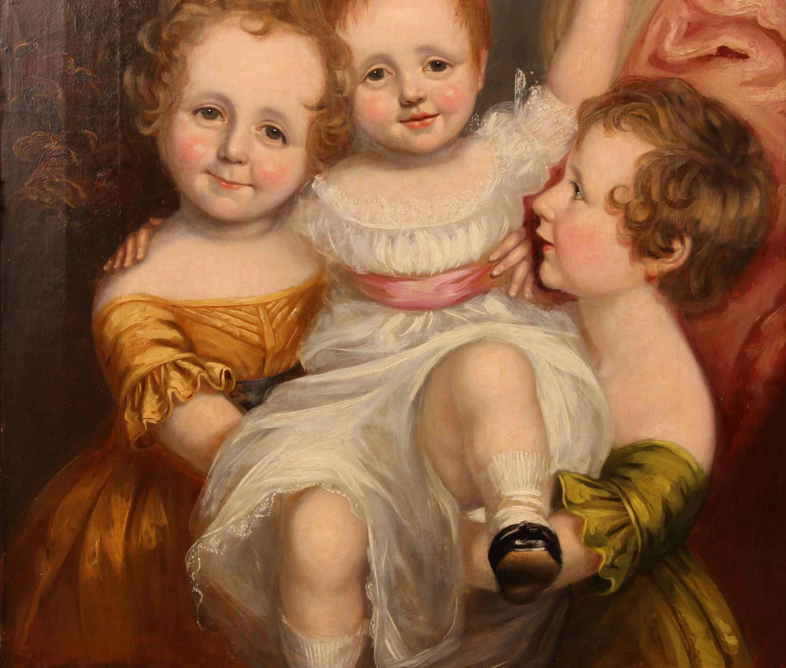 Early 19thc Oil Portrait Painting Of Three Angelic Children For Sale 2