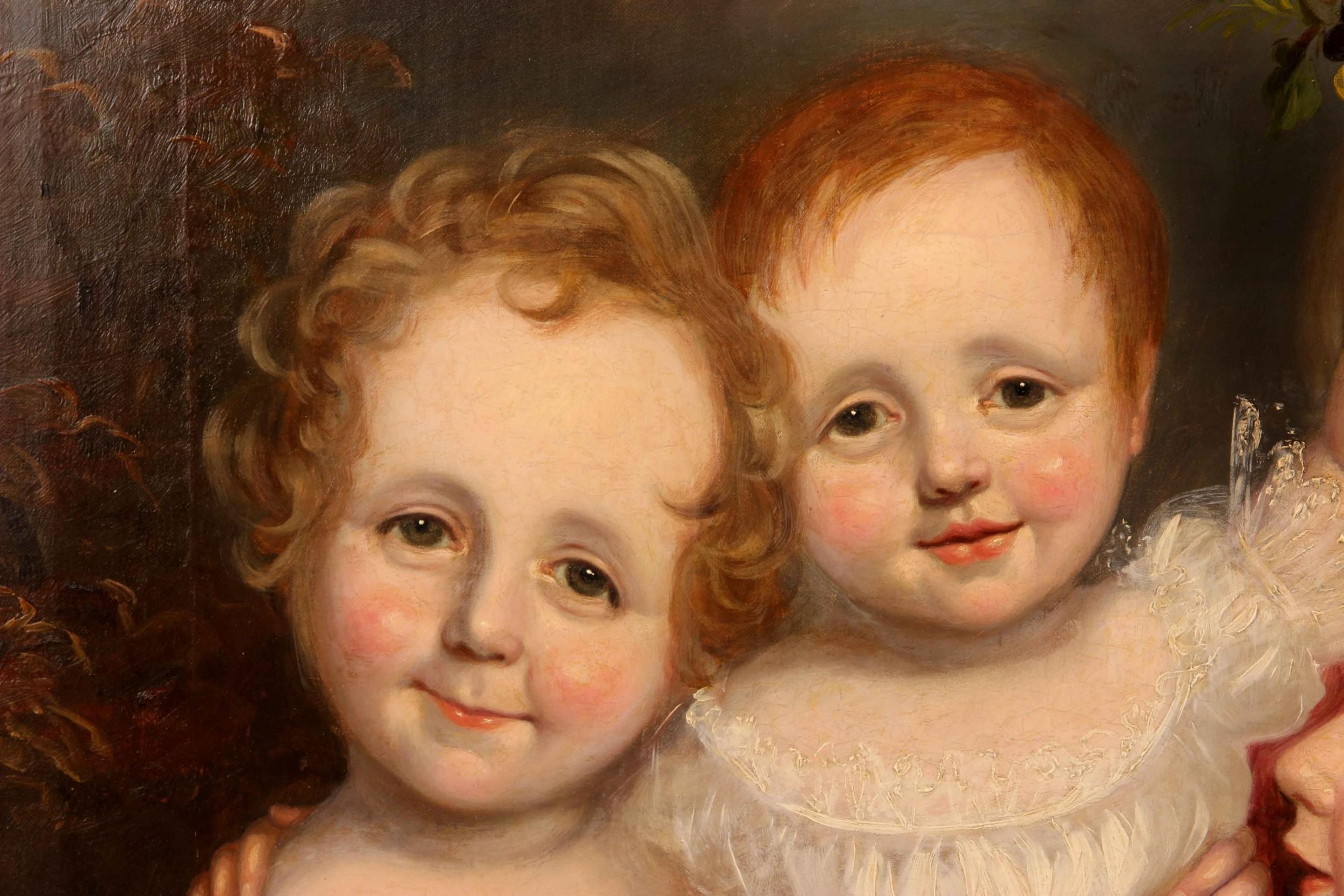 Early 19thc Oil Portrait Painting Of Three Angelic Children For Sale 3