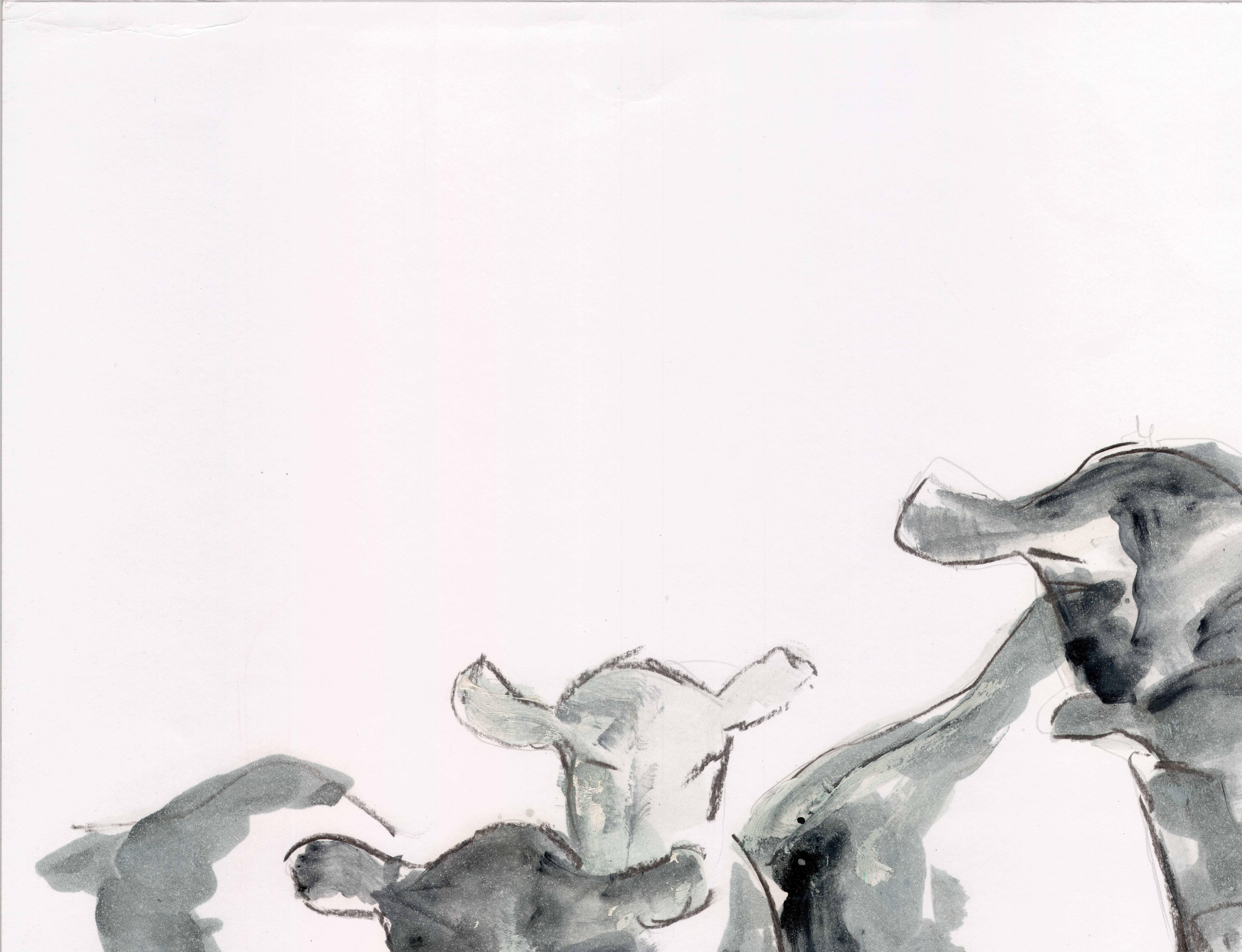 Countryside Series - Grazing Cows by Silvina Pirola Oil & Charcoal on Paper For Sale 1