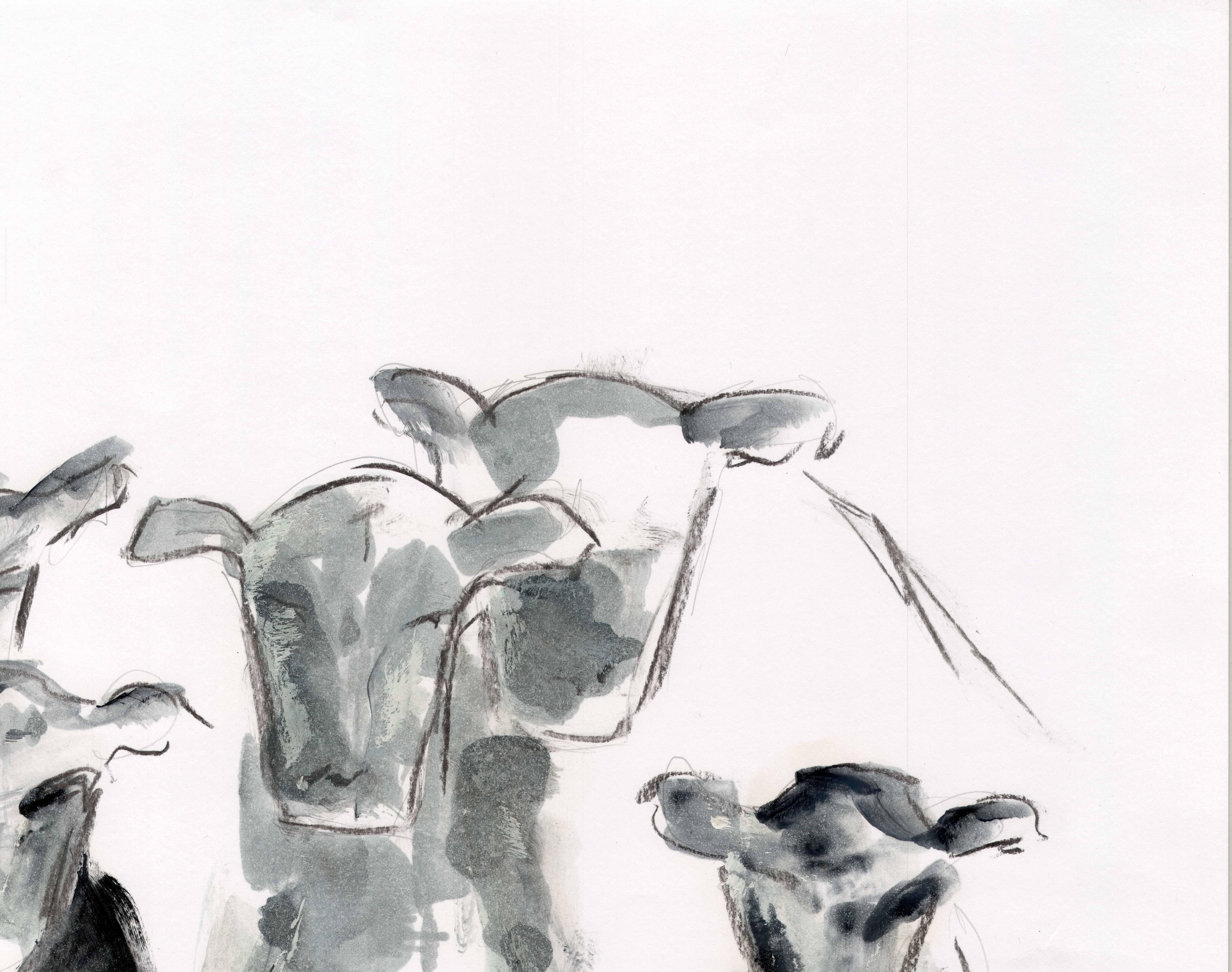 Countryside Series - Grazing Cows by Silvina Pirola Oil & Charcoal on Paper For Sale 3