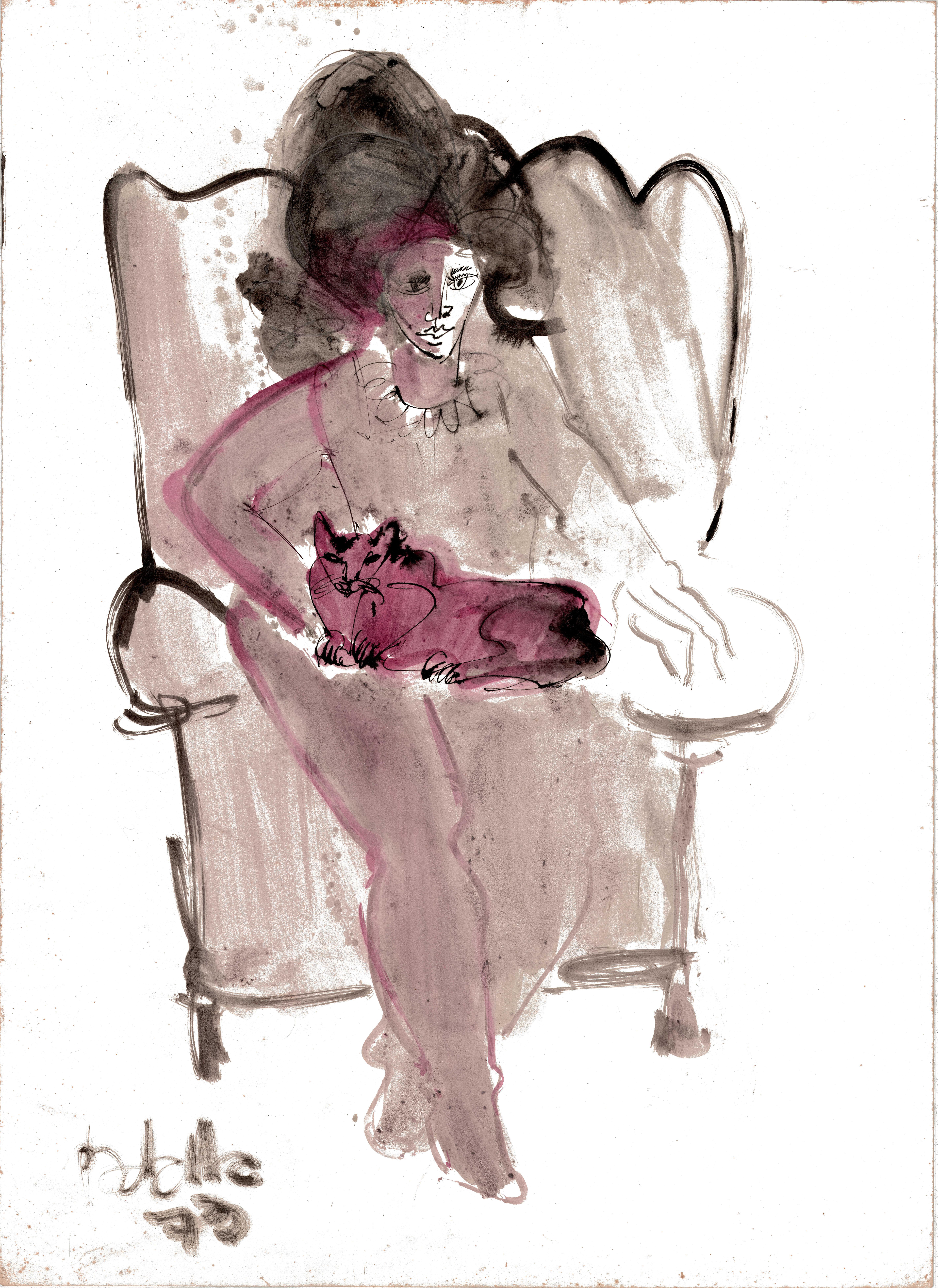 Miguel Angel Batalla Figurative Art - Portrait of a Lady with a Cat by Miguel Angel Battle Ink on Paper Tao Art