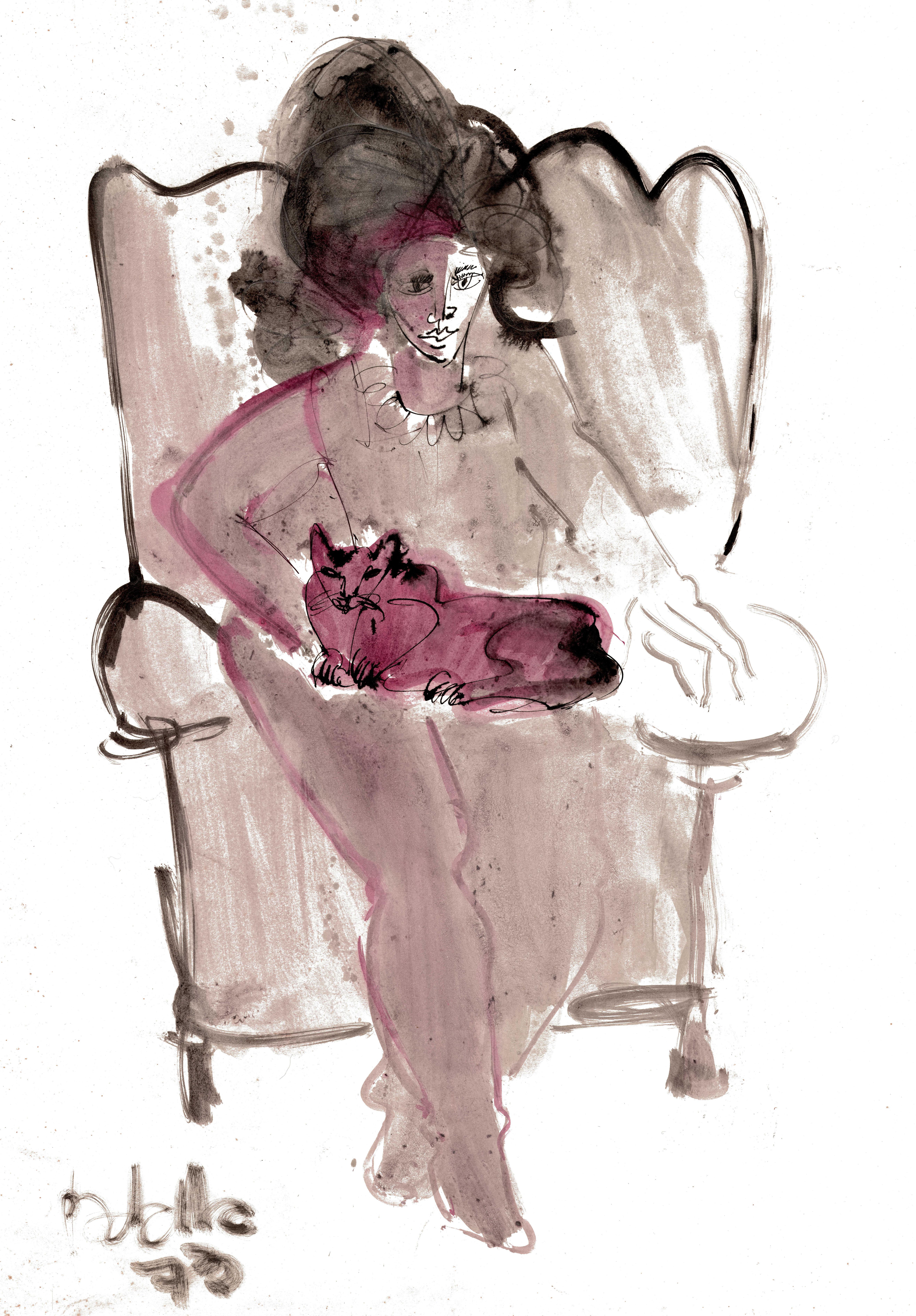 Portrait of a Lady with a Cat by Miguel Angel Battle Ink on Paper Tao Art - Beige Figurative Art by Miguel Angel Batalla