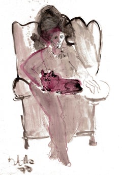 Portrait of a Lady with a Cat by Miguel Angel Battle Ink on Paper Tao Art