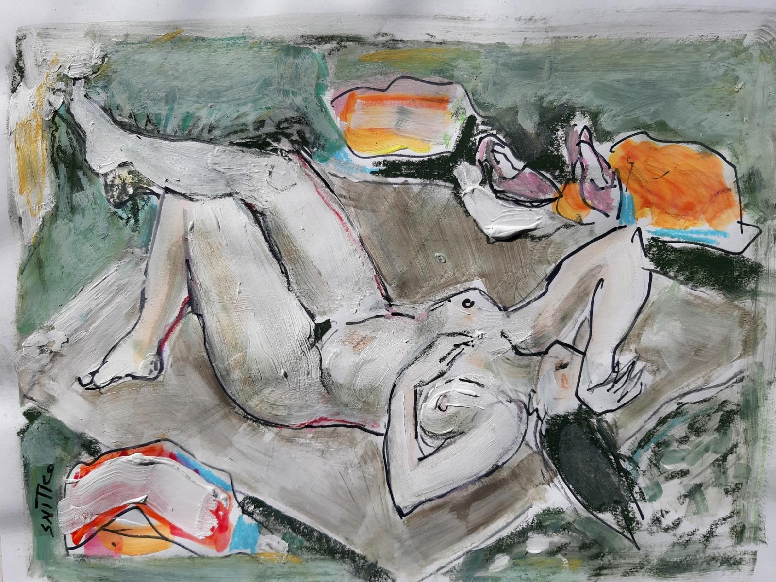 Nude - XXI century, Figurative nude drawing, Gouache, Mixed media - Other Art Style Art by Lidia Snitko-Pleszko