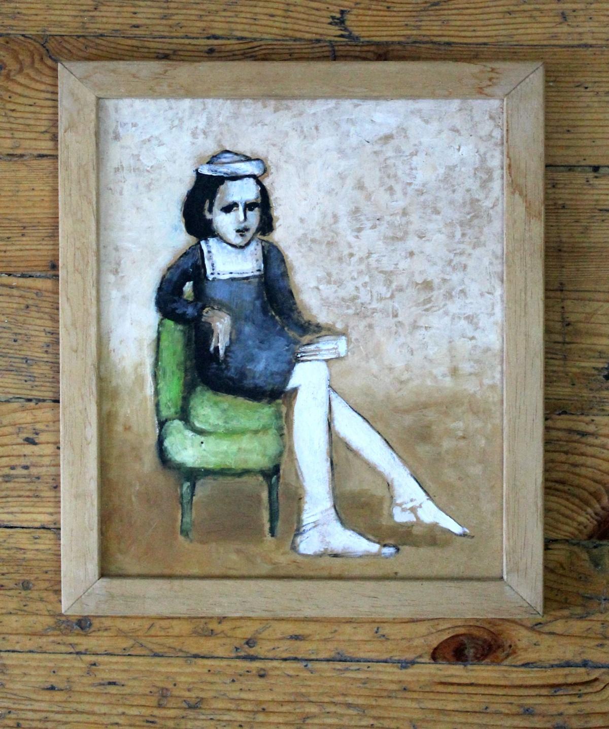 Girl on a green chair - XXI Century, Figurative Oil Painting, Portrait - Gray Portrait Painting by Mira Andrzejewska