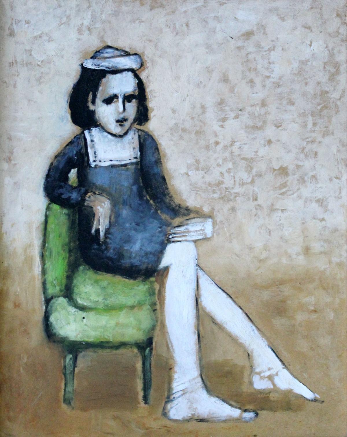 Mira Andrzejewska Portrait Painting - Girl on a green chair - XXI Century, Figurative Oil Painting, Portrait