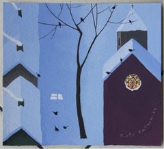 Winter. A window - XXI Century, Landscape Gouache Painting, Blue, Winter Scene