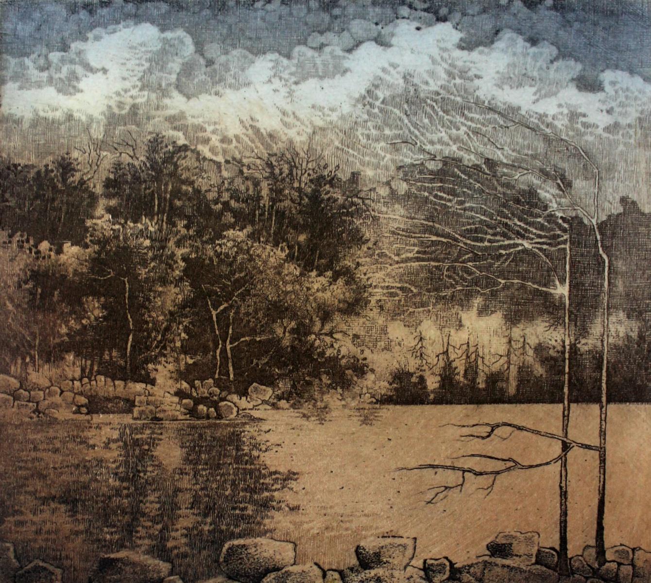 Krzysztof Wieczorek Print - Third card from the journey - XX Century, Landscape Etching, Muted Colors