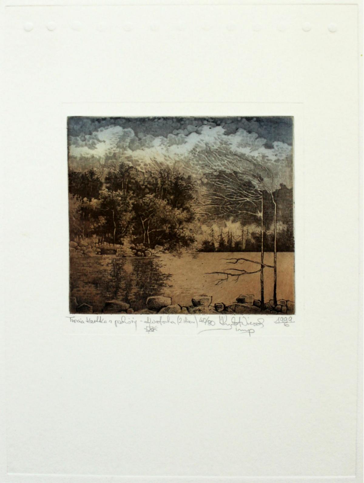 Third card from the journey - XX Century, Landscape Etching, Muted Colors - Print by Krzysztof Wieczorek