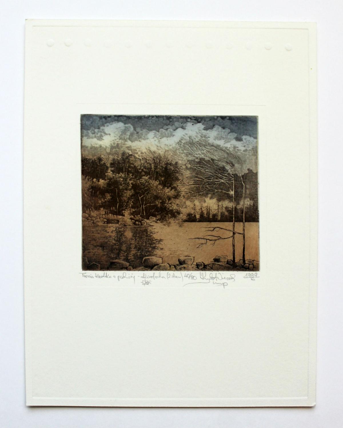 Third card from the journey - XX Century, Landscape Etching, Muted Colors - Brown Print by Krzysztof Wieczorek