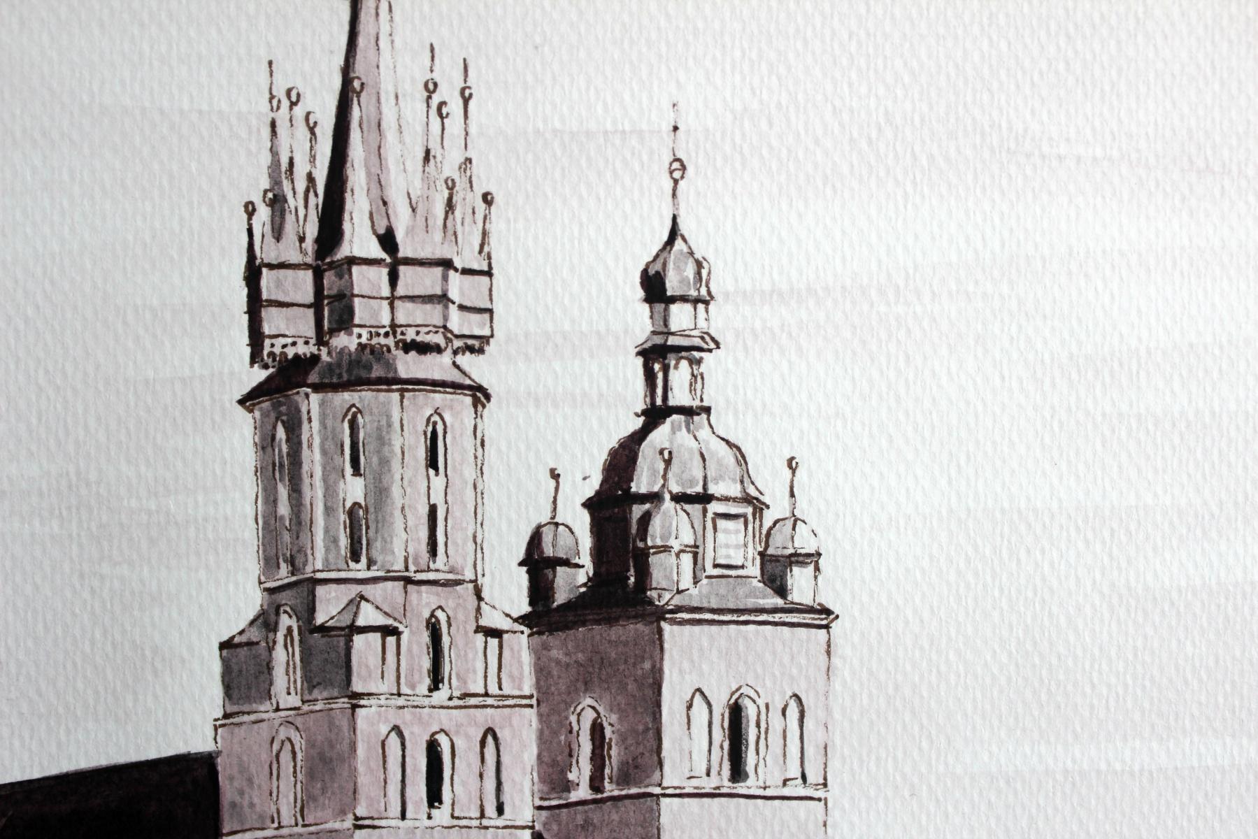 Cracow - Contemporary Landscape Watercolor & Ink Painting, Architecture - Realist Art by Mariusz Szałajdewicz