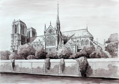 Paris, The Notre Dame Cathedral - Contemporary Landscape, Watercolor & Ink