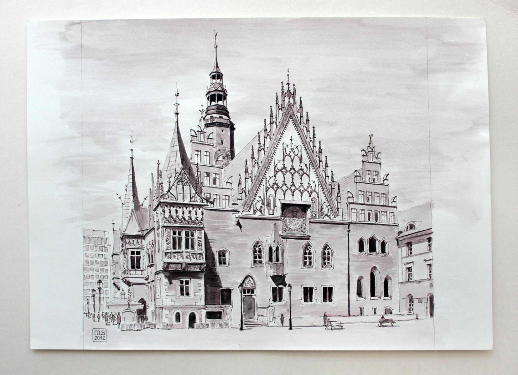 Wroclaw - Zeitgenössisches Aquarell- und Tusche-Landschaftsgemälde, Architektur (Grau), Landscape Art, von Mariusz Szałajdewicz