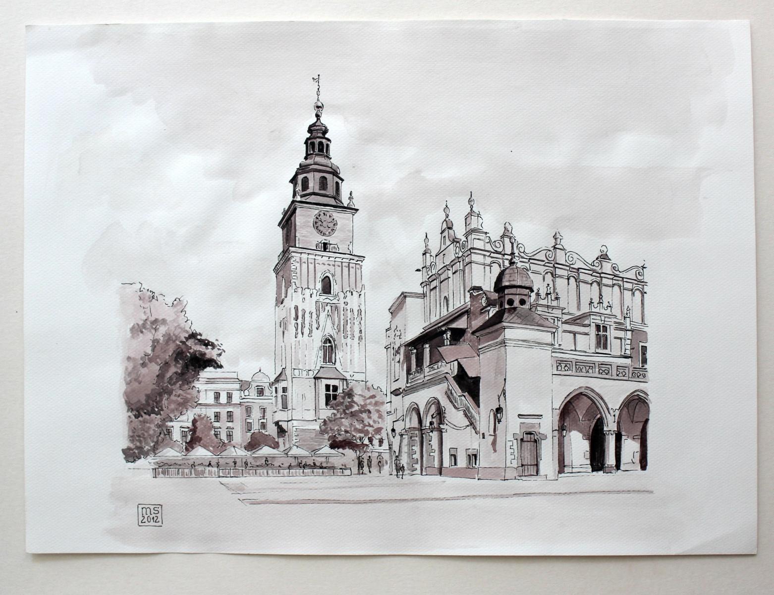 Cracow, the Cloth Hall - Contemporary Watercolor & Ink Landscape Painting - Gray Landscape Art by Mariusz Szałajdewicz