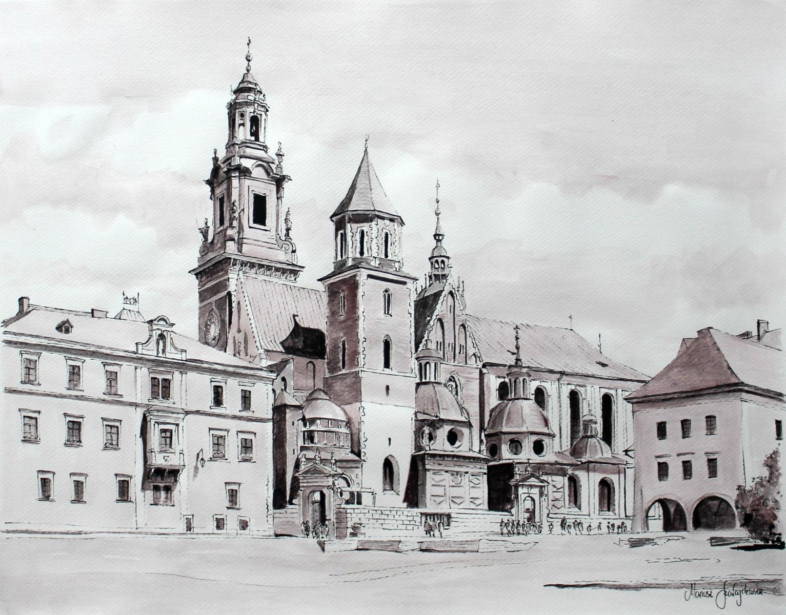 Mariusz Szałajdewicz Landscape Art - Cracow, St. Mary's Basilica - Contemporary Watercolor & Ink Landscape Painting