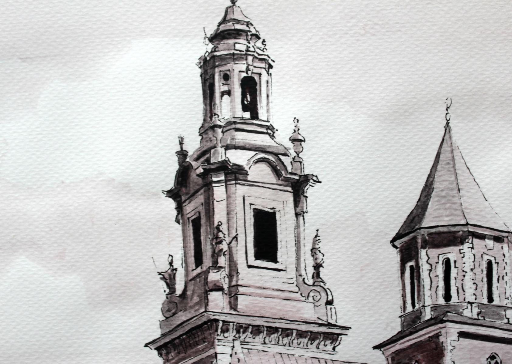 Cracow, St. Mary's Basilica - Contemporary Watercolor & Ink Landscape Painting - Realist Art by Mariusz Szałajdewicz