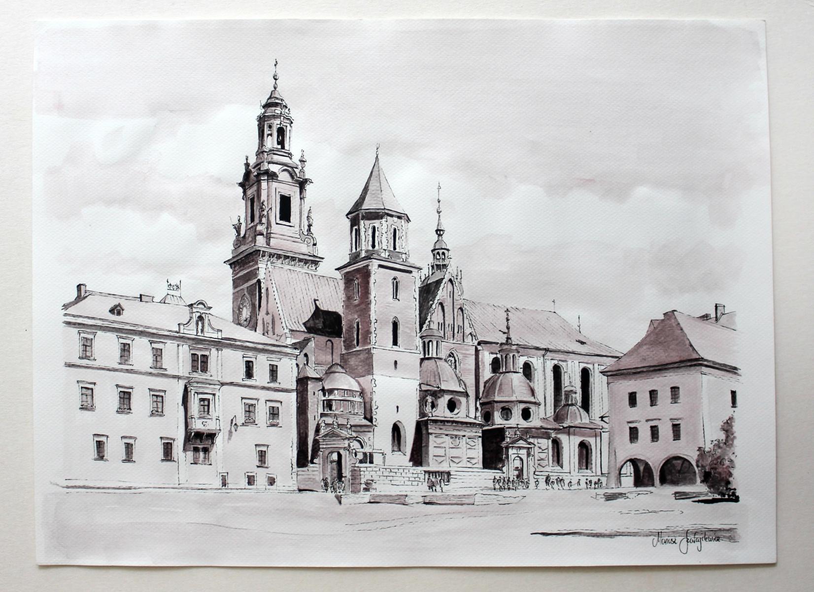 Cracow, St. Mary's Basilica - Contemporary Watercolor & Ink Landscape Painting - Gray Landscape Art by Mariusz Szałajdewicz