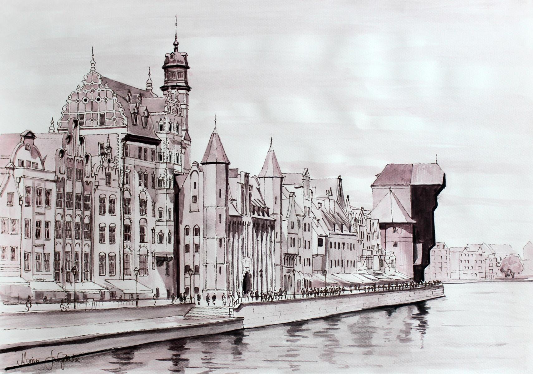 Mariusz Szałajdewicz Figurative Painting - Gdansk - Contemporary Watercolor & Ink Landscape Painting, Architecture
