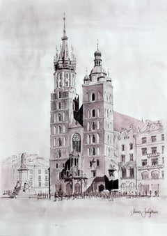 Cracow, St. Mary's Basilic - Contemporary Watercolor & Ink Landscape Painting