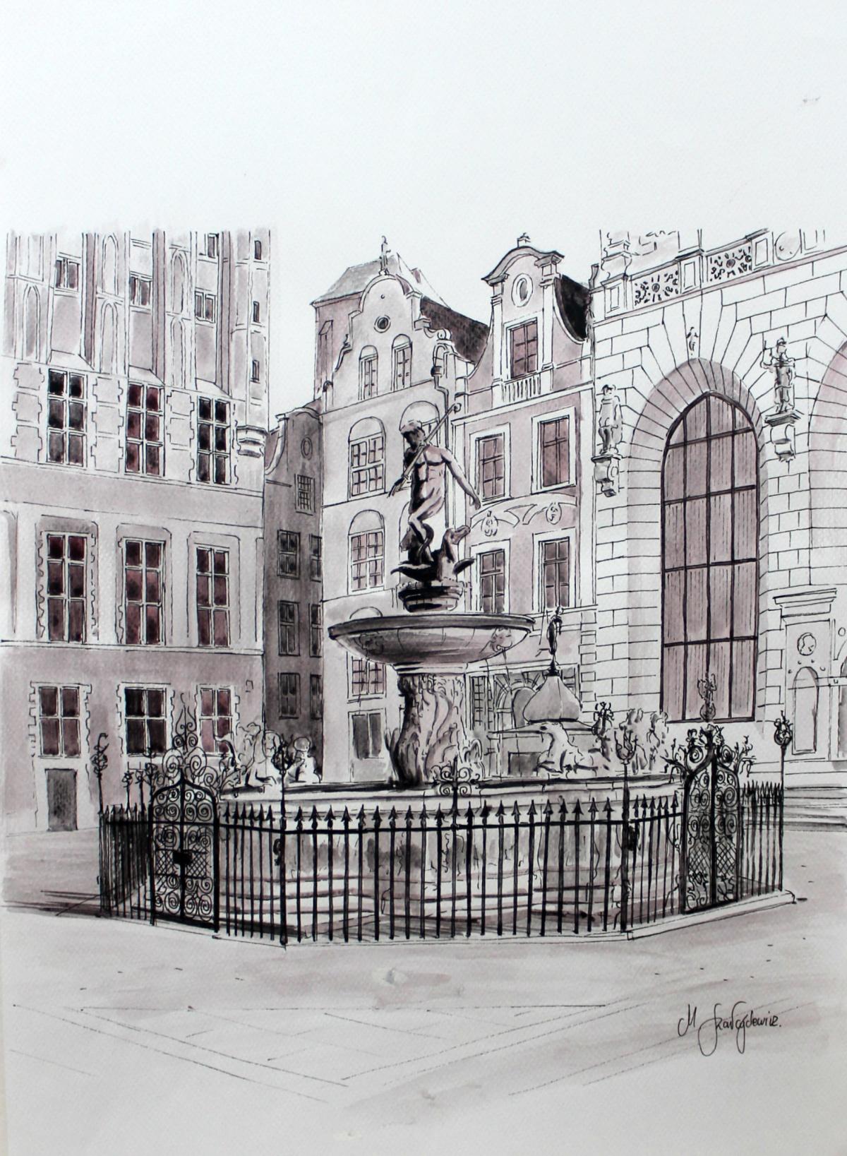 Mariusz Szałajdewicz Figurative Art - The Naptun's Fountain in Gdansk - Contemporary Watercolor & Ink Landscape 