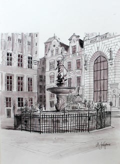The Naptun's Fountain in Gdansk - Contemporary Watercolor & Ink Landscape
