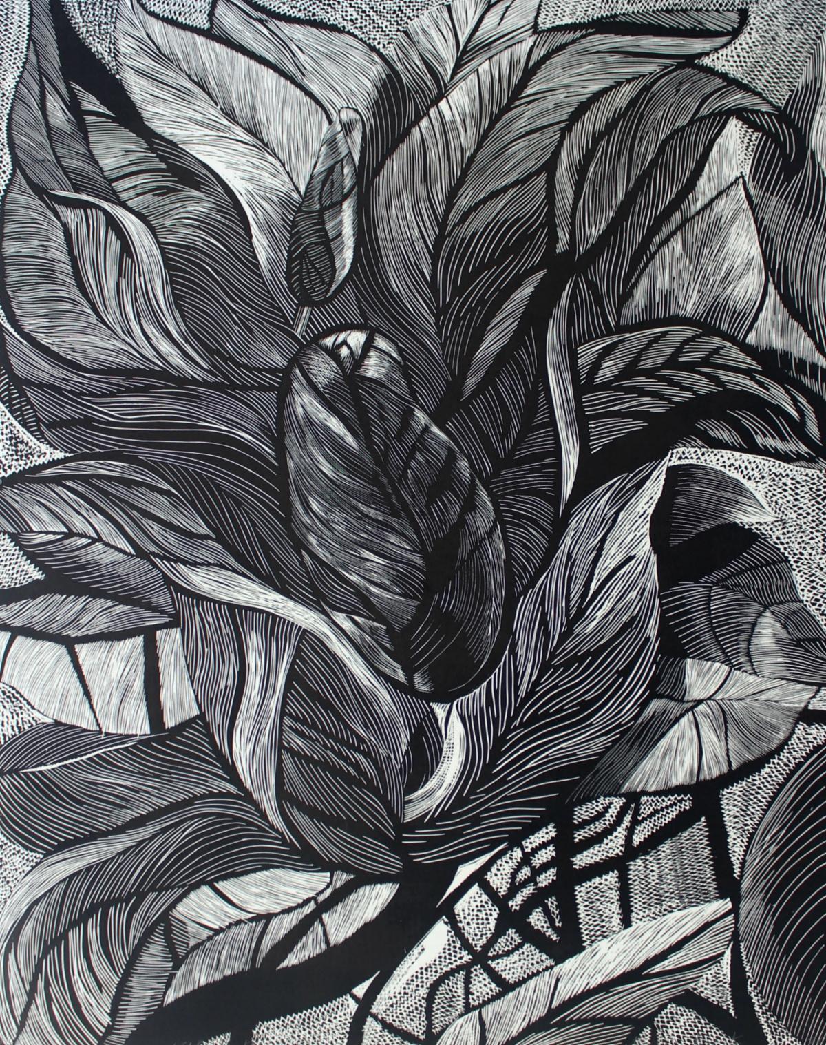 Fleur noire - XXIe siècle, linogravure florale contemporaine, noir et blanc