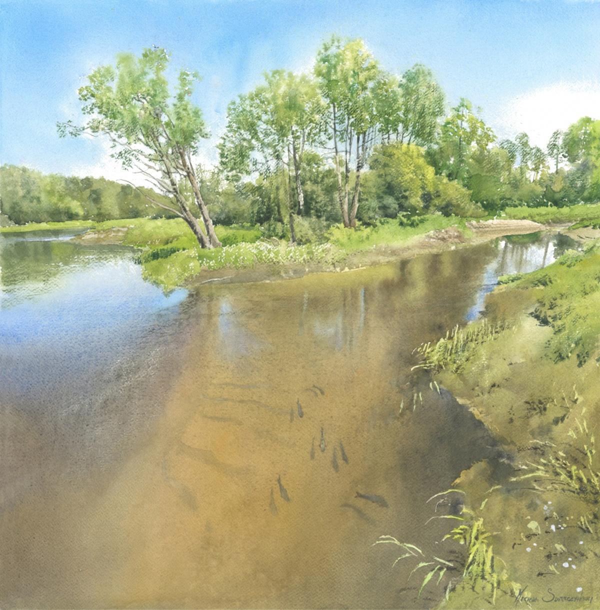 River Liwiec- Contemporary Watercolour, Waterscap, Painting, River