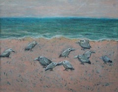 Oiseaux sur une plage - Dessin figuratif contemporain du XXIe siècle au pastel, paysage