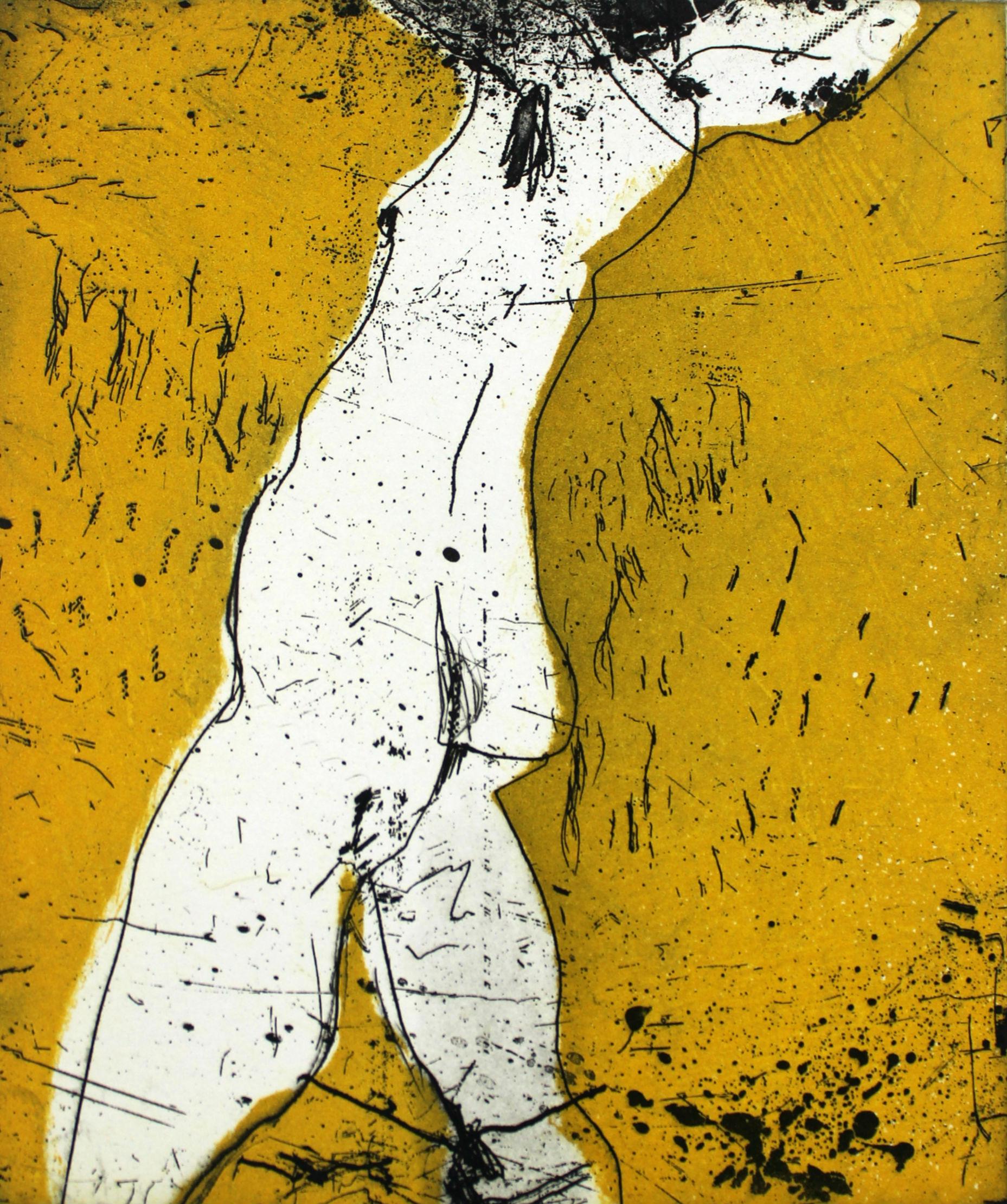 Nude I - XXI Century, Contemporary Figurative Etching Print, Bright Yellow