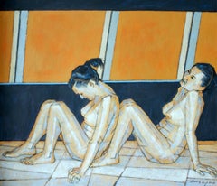 Support III - XXI Century, Contemporary Figurative Oil Painting, Blue & Orange