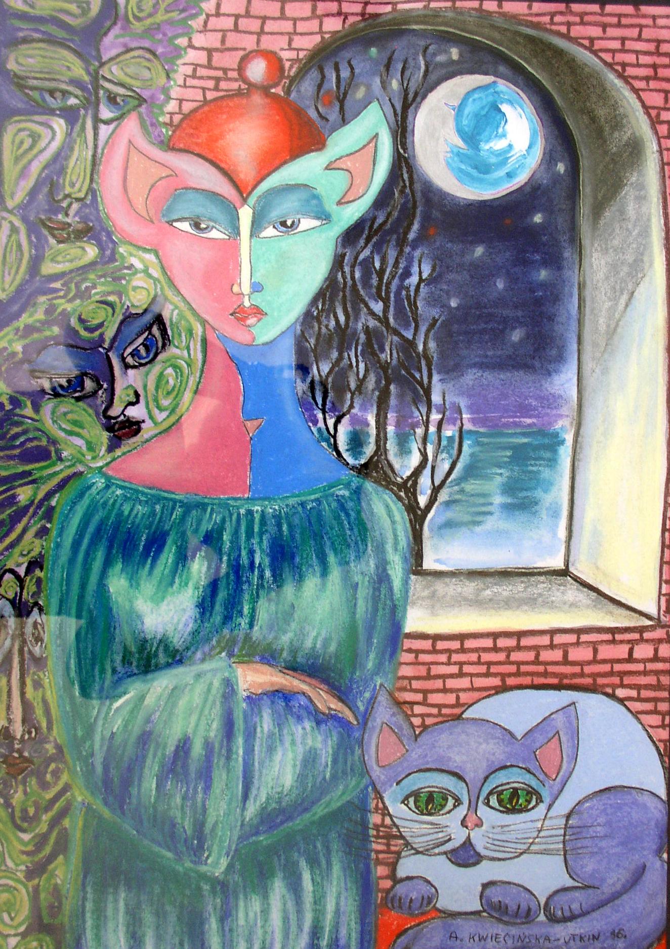 The night tree - Mixed Media Figurative Drawing, Fantasy, Surreal, Colorful