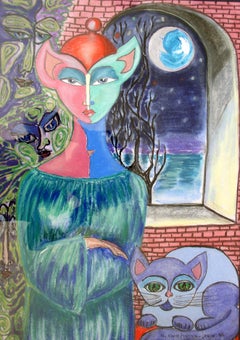 El árbol de la noche - Dibujo figurativo en técnica mixta, Fantasía, Surrealista, Colorido