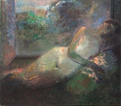 Sleeping by the window - XX Century, Figurative Oil Painting, Muted Colors, Nude