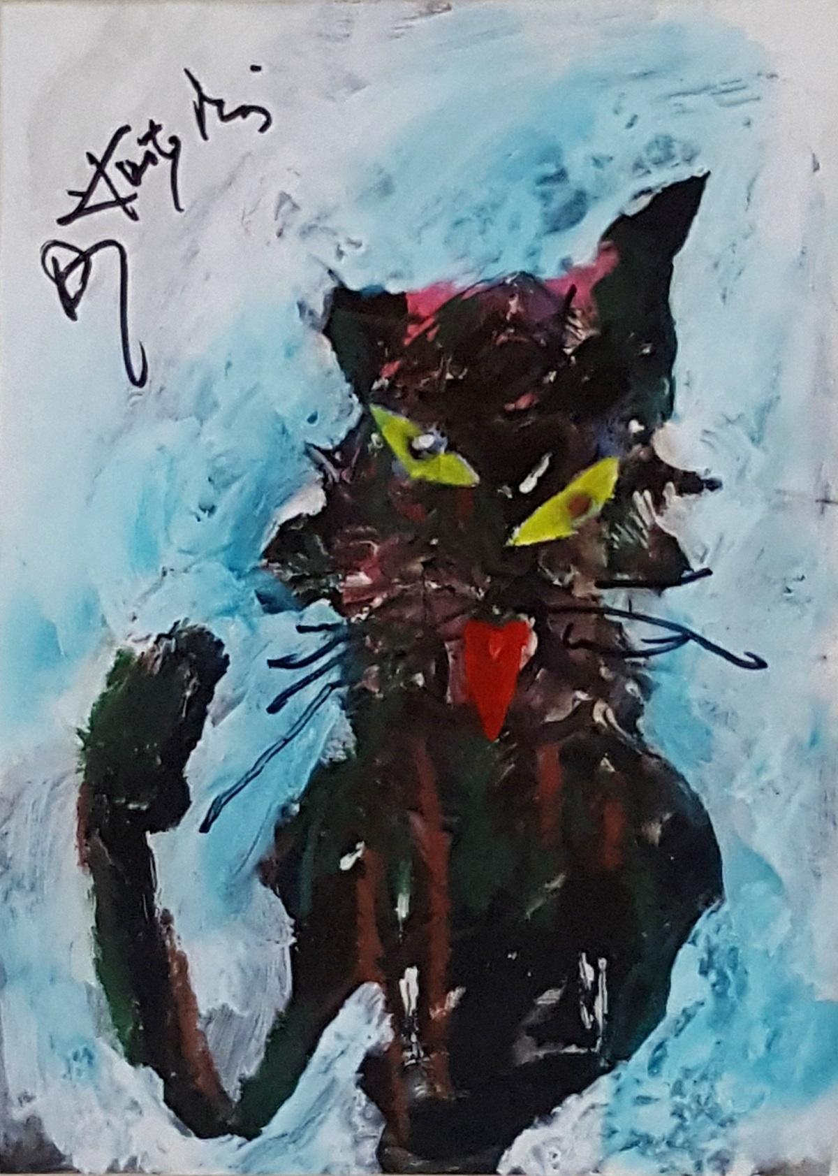 Animal Painting Andrzej Kreutz-Majewski - Mieus - XXe siècle, peinture acrylique contemporaine, chat, animal, Grotesque
