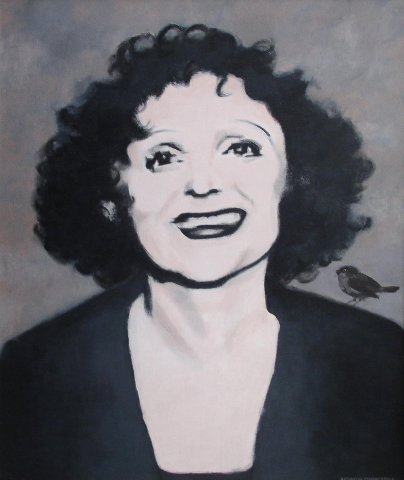 Katarzyna Stanny Portrait Painting - Edith Piaf - Contemporary Portrait, Figurative Oil Painting, Gray Black & White