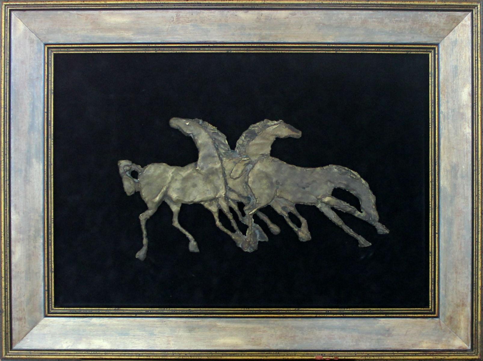 Pferde – Mischtechnik, Bronzerelief auf Samt, figürlich, Tiere