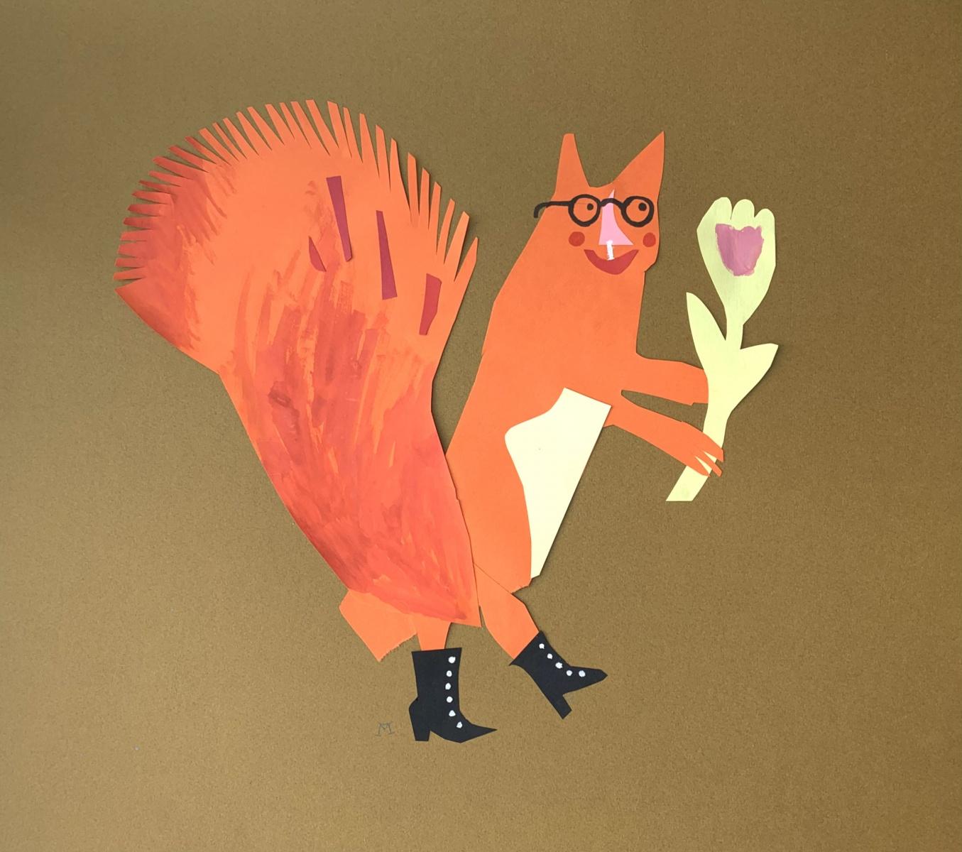 A squirrel - Papercut & gouache artwork, Colorful Animal, Fairy tale, Figurative - Mixed Media Art by Marianna Oklejak