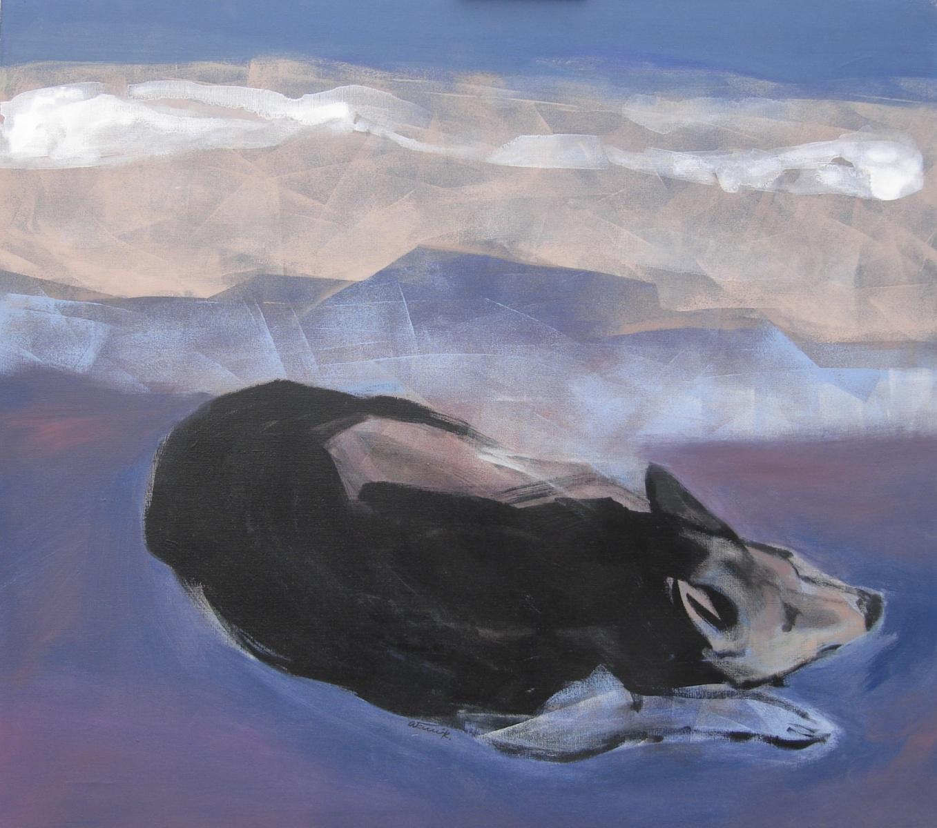 Wlodek Warulik Animal Painting - Boogie in thoughts - Figurative acrylic painting, Dog, Animal, Blue & purple