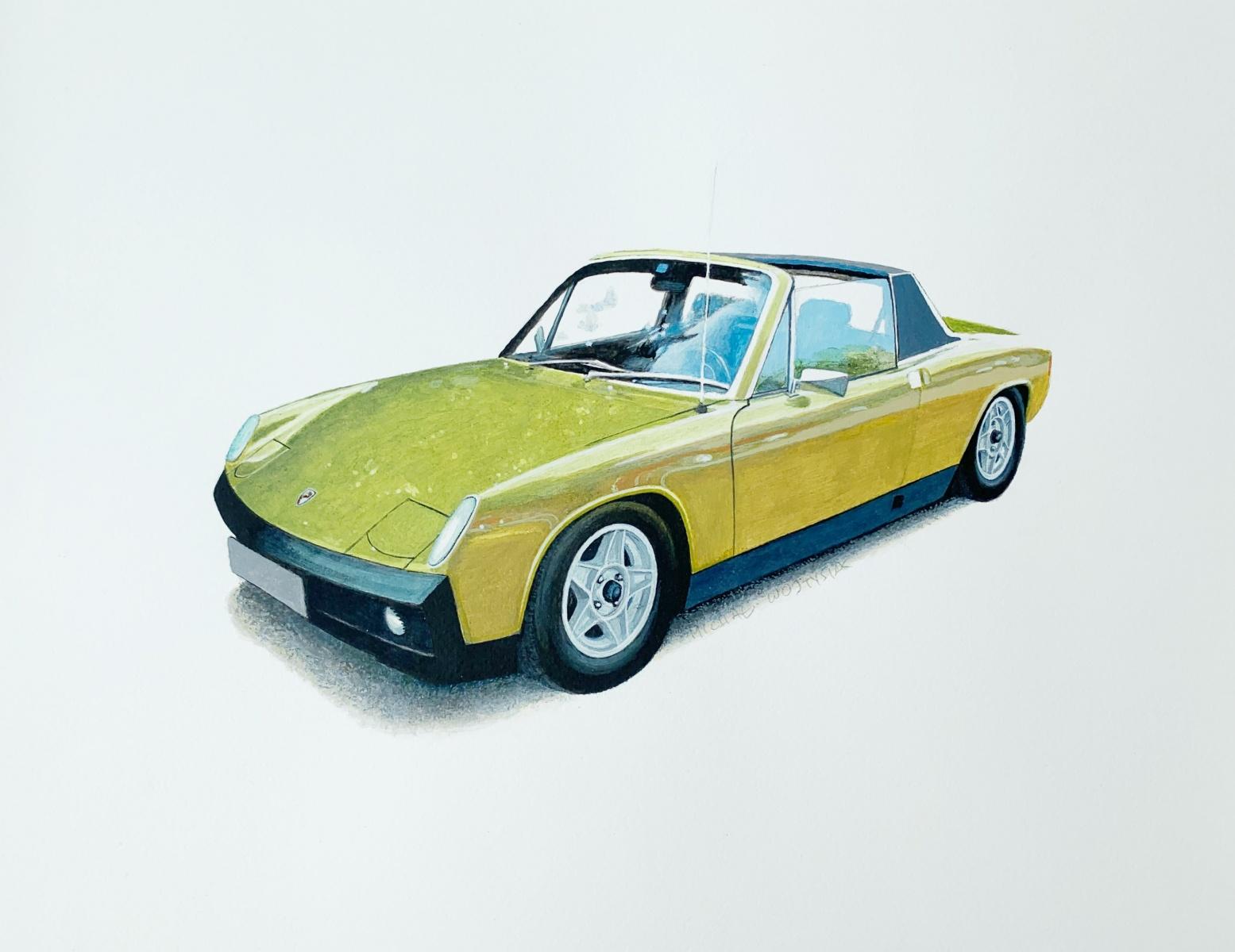 Porsche 914 - peinture à l'aquarelle contemporaine, véhicule vintage, art polonais