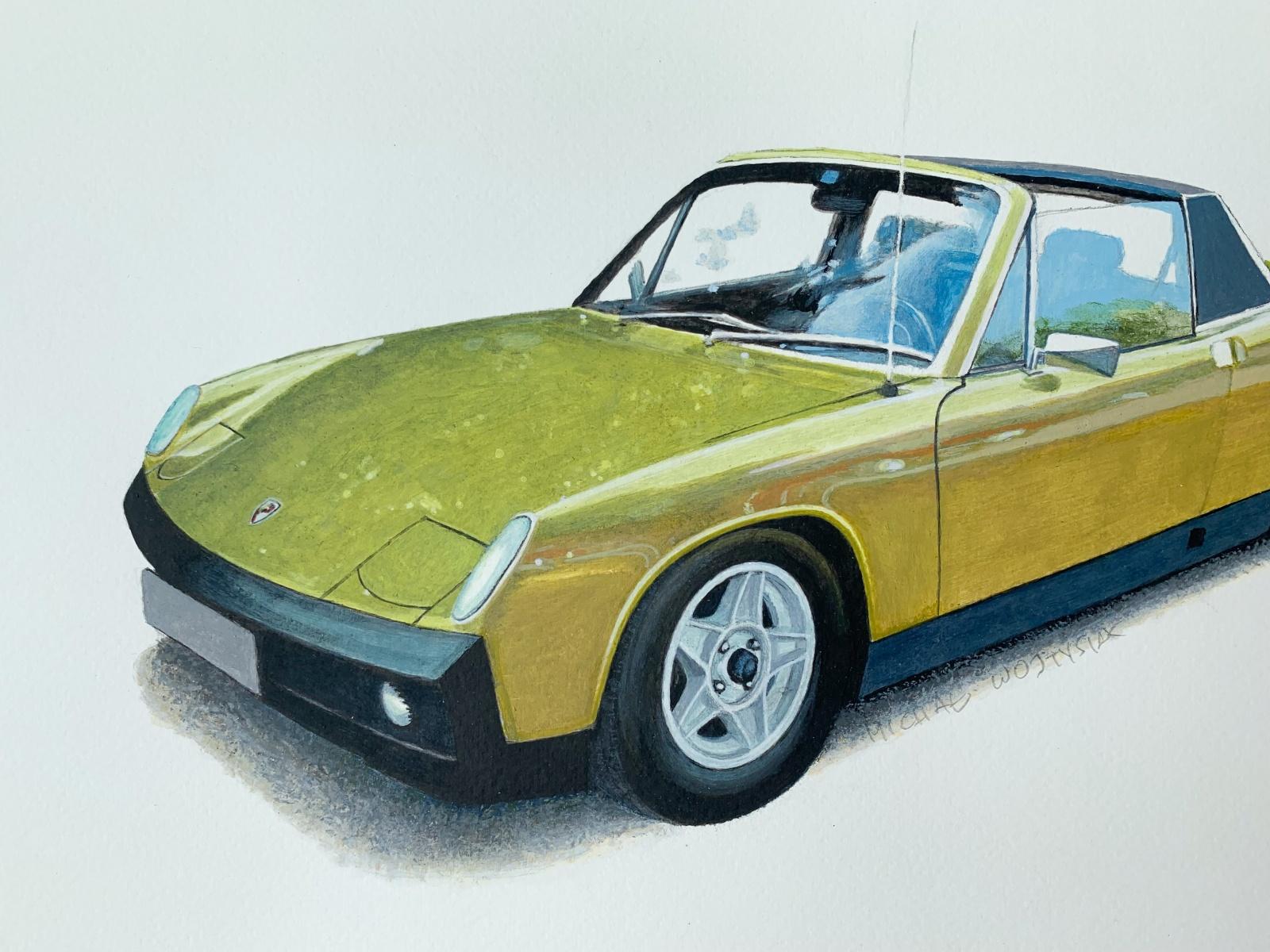 Porsche 914 - Zeitgenössisches Aquarellgemälde, Vintage-Wagen, Polnische Kunst (Realismus), Art, von Michal Wojtysiak