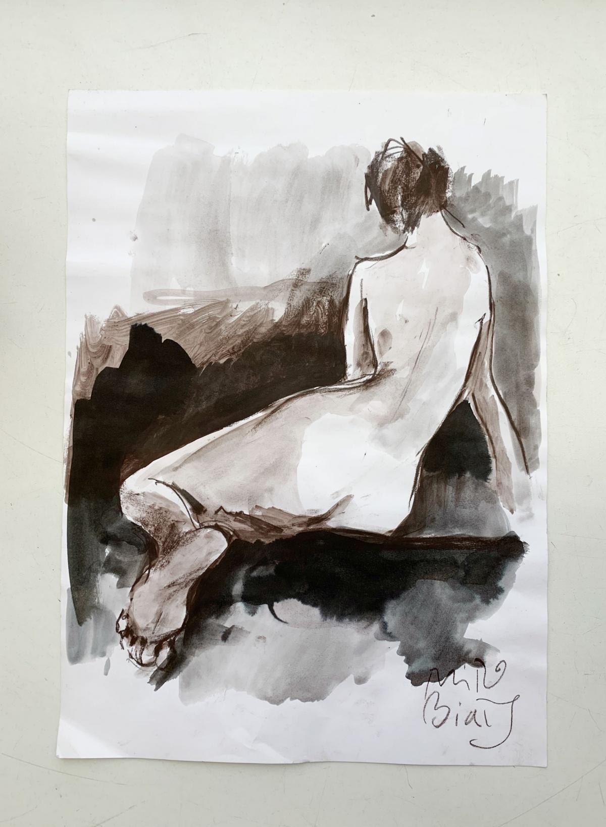 Desnudo - Pintura figurativa contemporánea en acuarela, Blanco y negro, Arte polaco - Figurative Art Negro de Miro Biały