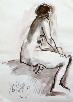 Nu contemporain - peinture à l'aquarelle figurative, noir et blanc, art polonais