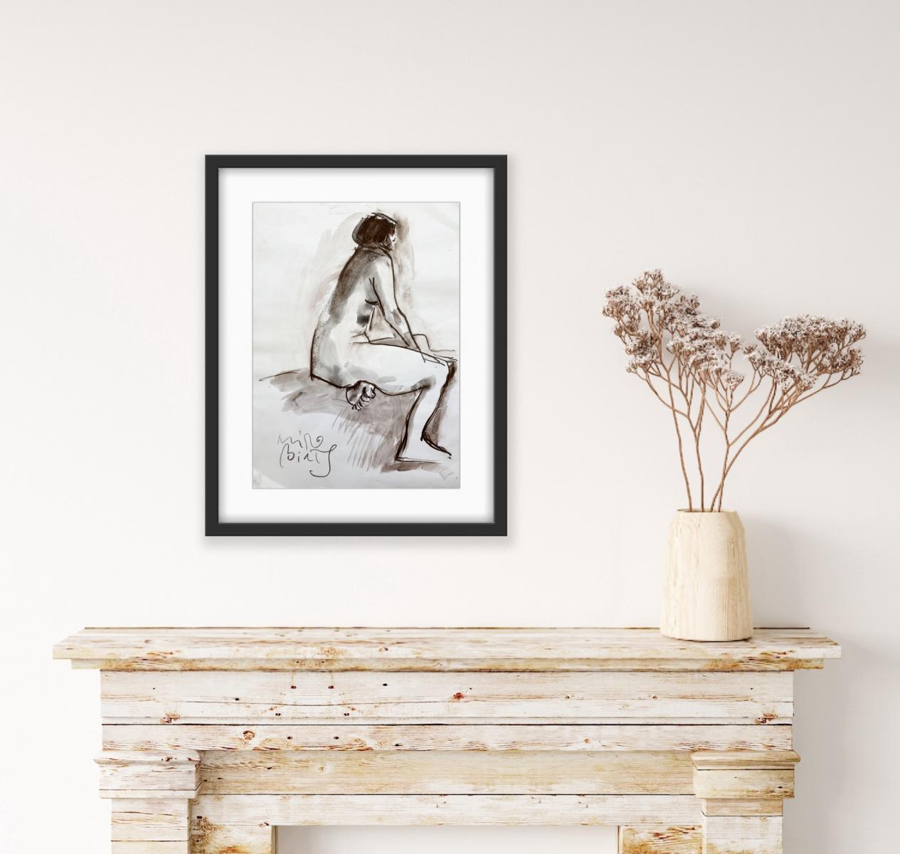 Desnudo - Pintura figurativa contemporánea en acuarela, Blanco y negro, Arte polaco en venta 4