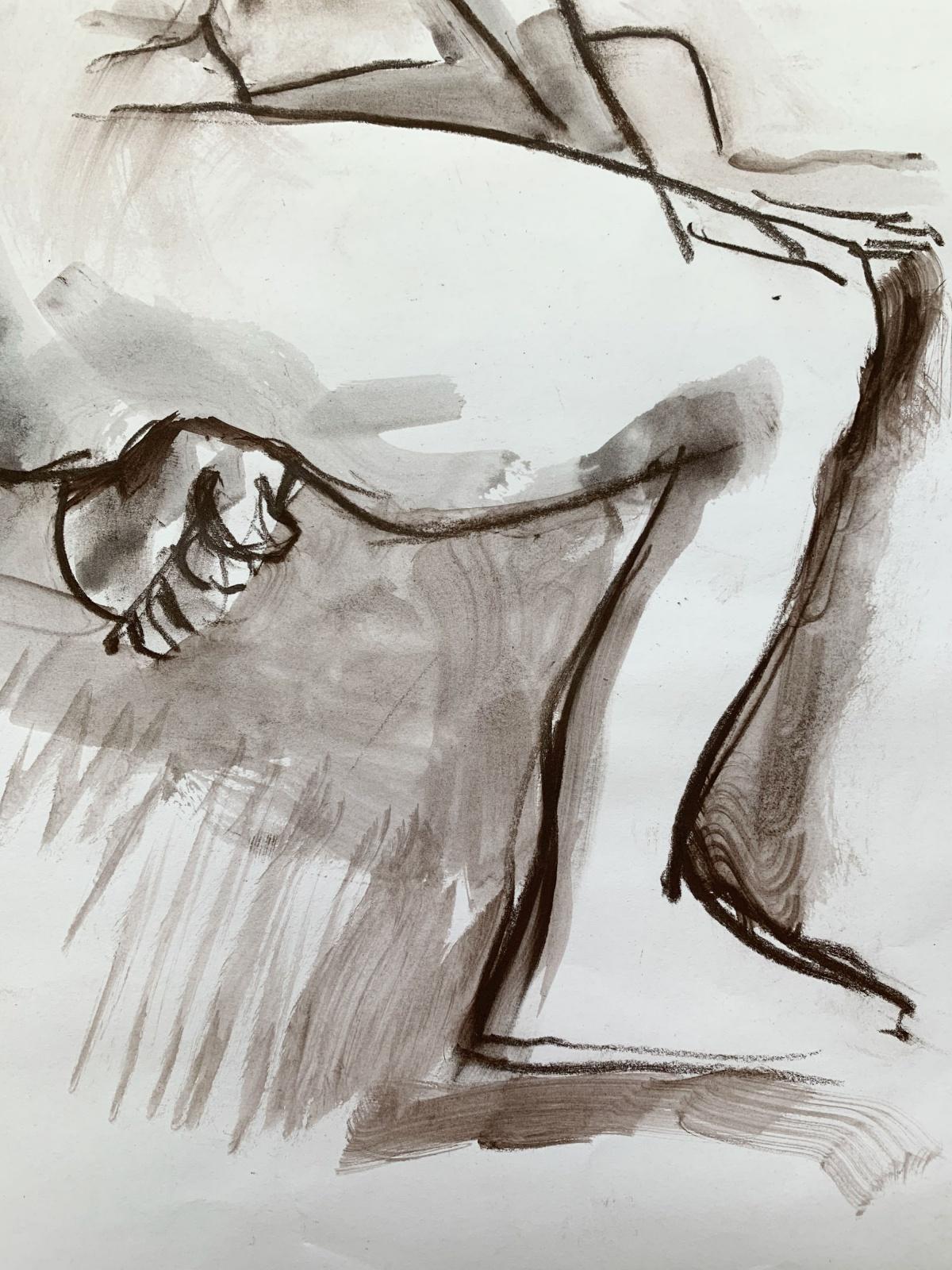 Desnudo - Pintura figurativa contemporánea en acuarela, Blanco y negro, Arte polaco en venta 1