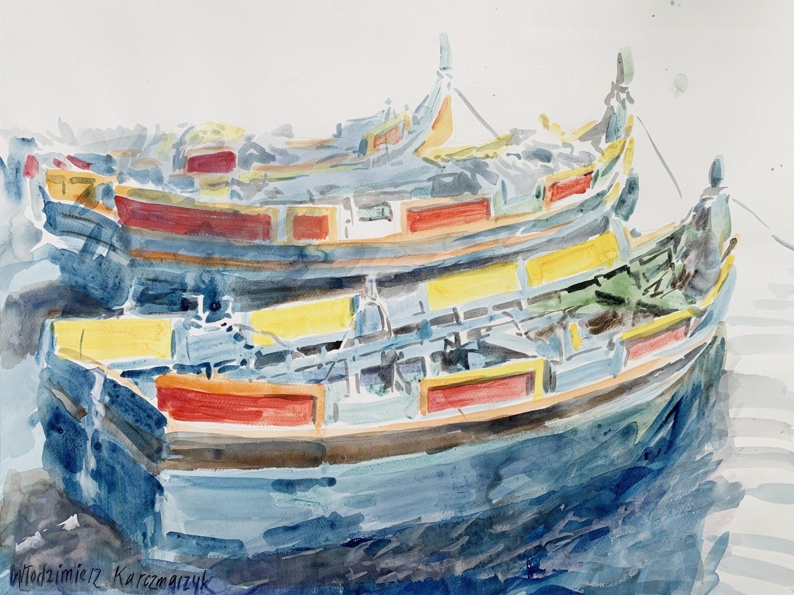 Włodzimierz Karczmarzyk Figurative Art - Maltan boats - Watercolor, Architecture, Realistic, Classic, Polish artist
