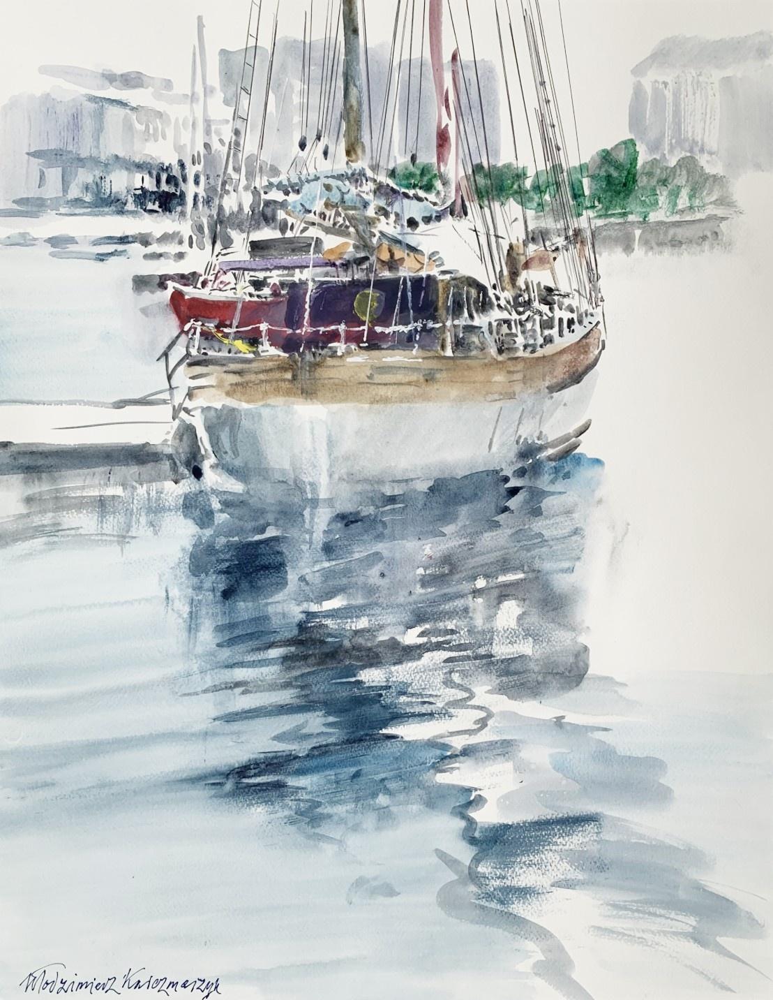 In dem Hafen von Gdansk - Aquarell, Boote, Realistisch, Klassisch, Polnischer Künstler