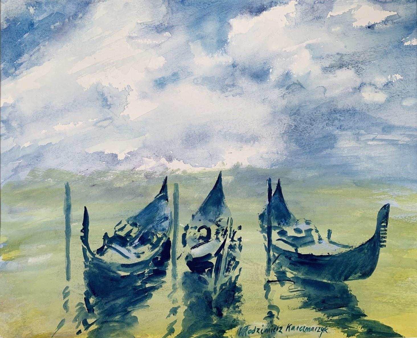 Włodzimierz Karczmarzyk Landscape Art – Venezianische Gondeln – Aquarell, Boote, Realistisch, Klassisch, Polnischer Künstler
