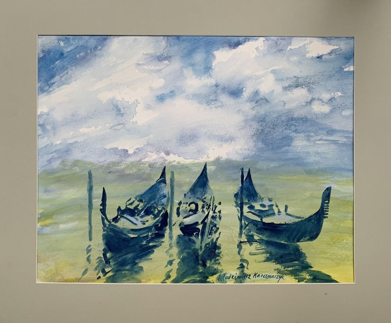Aquarelle des gondoles vénitiennes - Aquarelle, bateaux, réaliste, classique, artiste polonais - Art de Włodzimierz Karczmarzyk