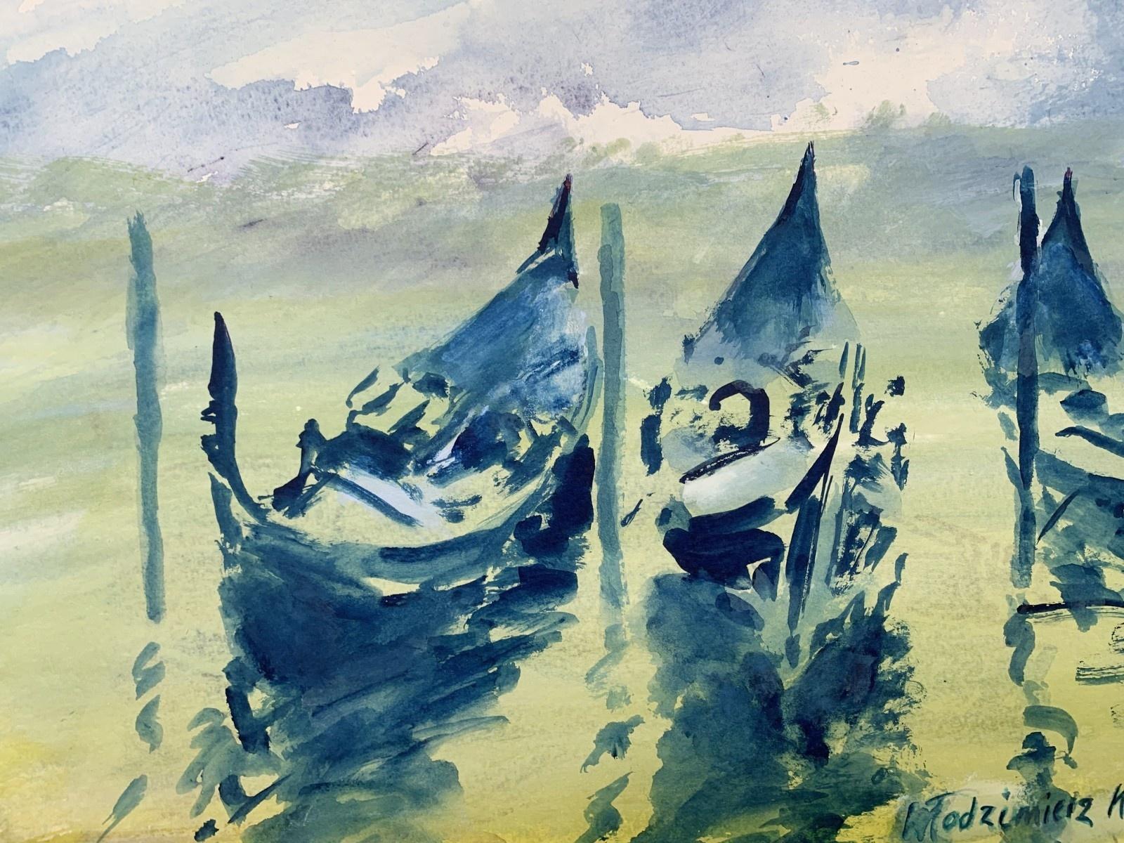 Venezianische Gondeln – Aquarell, Boote, Realistisch, Klassisch, Polnischer Künstler (Grau), Landscape Art, von Włodzimierz Karczmarzyk